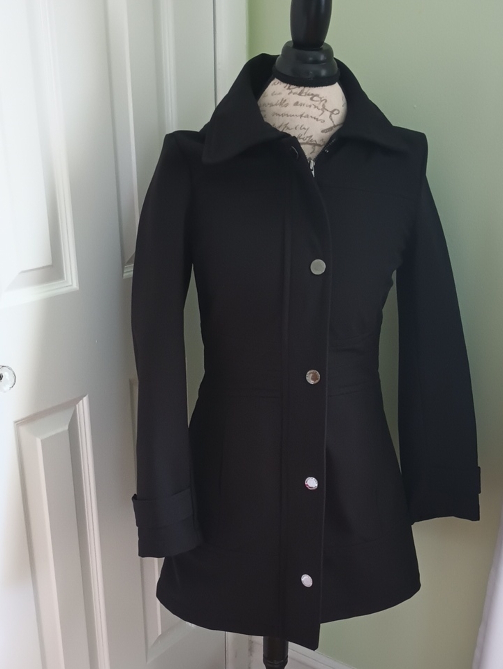 Kenneth Cole Reaction Black Lined Hooded Trench Coat Zip & Snap Sz S